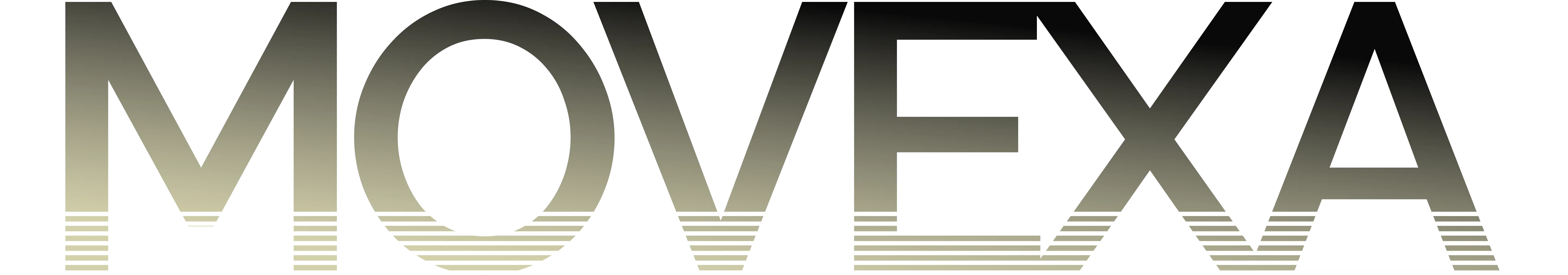 Faded MOVEXA text logo with a gradient from beige to black and horizontal glitch lines at the bottom.