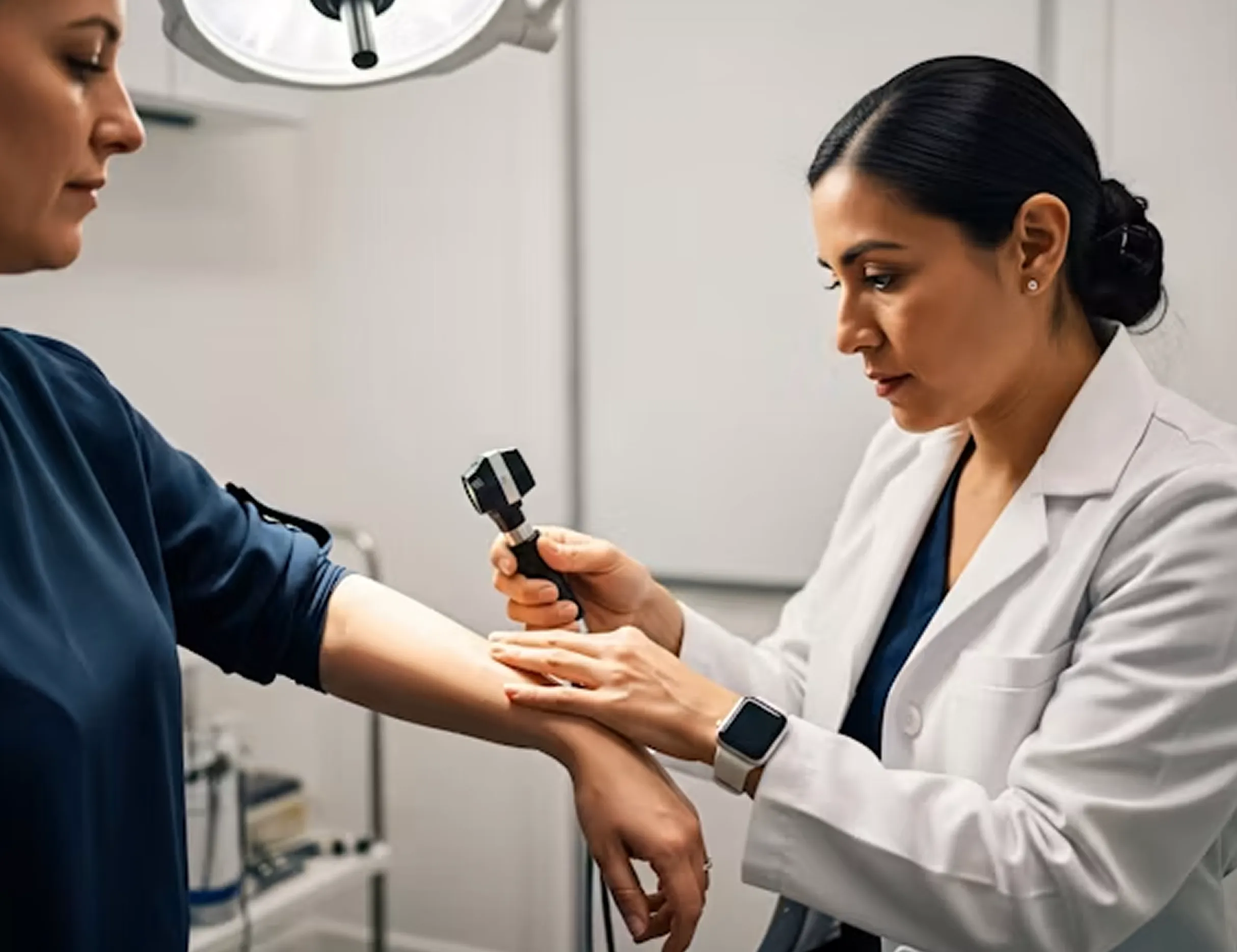 Doctor in white coat examining patient's arm with a dermatoscope in a medical office.