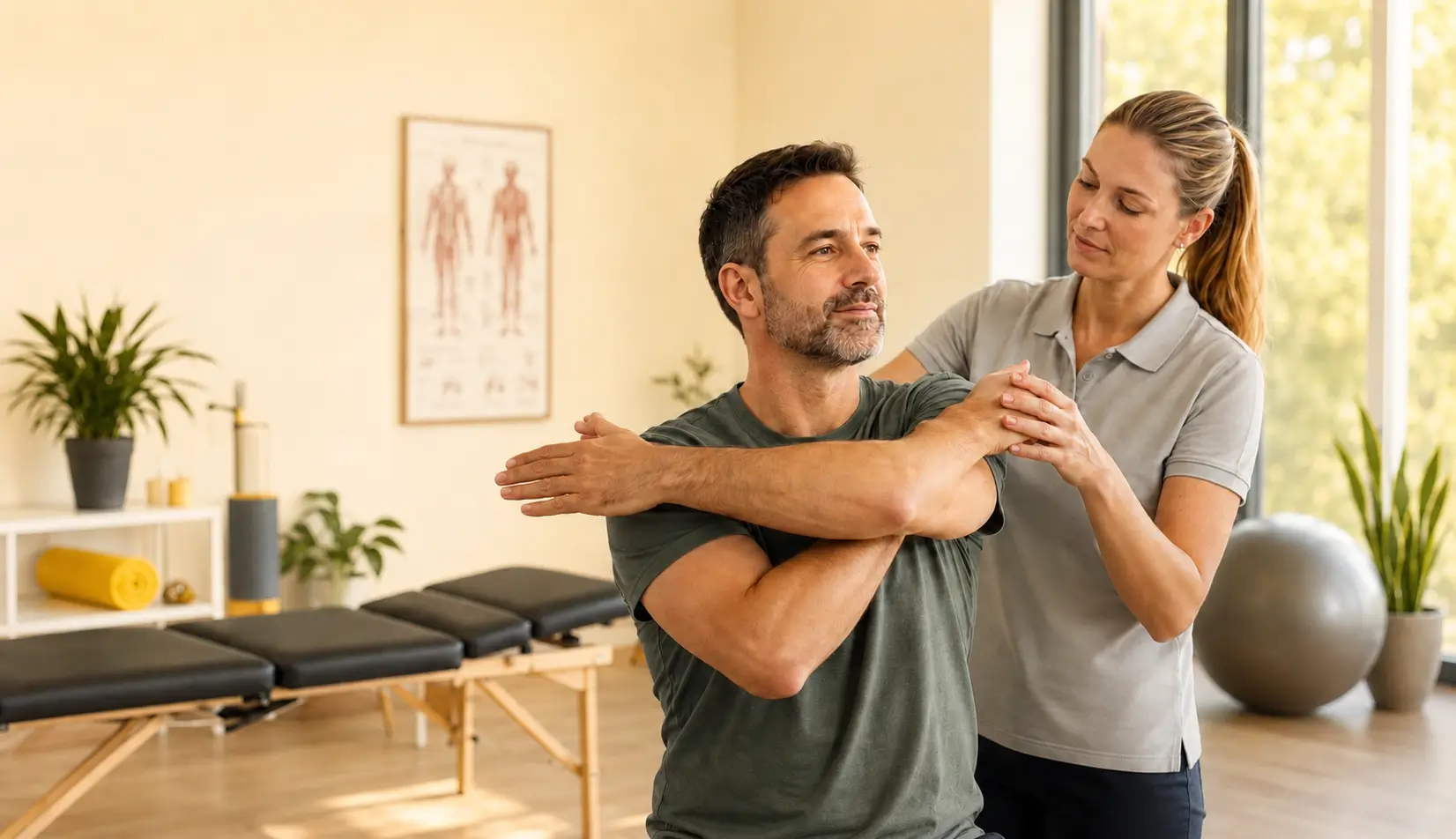 Therapist assisting man with shoulder stretch exercise in a light-filled therapy room.