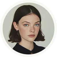 Portrait of a young woman with short dark hair and green eyes wearing a black top.