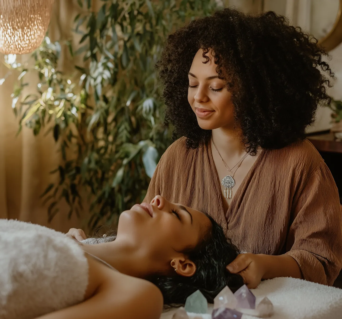 Woman with curly hair gently massaging another relaxed woman lying down near crystals in a cozy room.