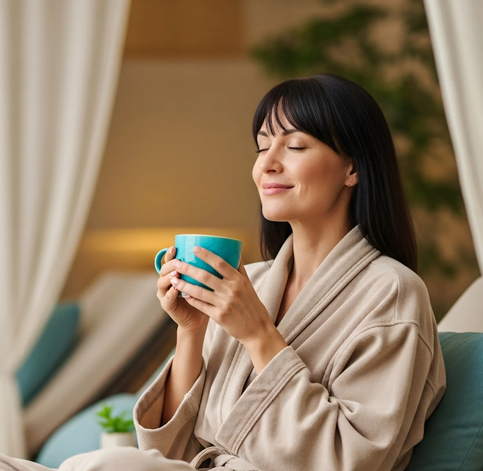 Woman in beige robe enjoying a warm drink from a blue mug with eyes closed and a slight smile.