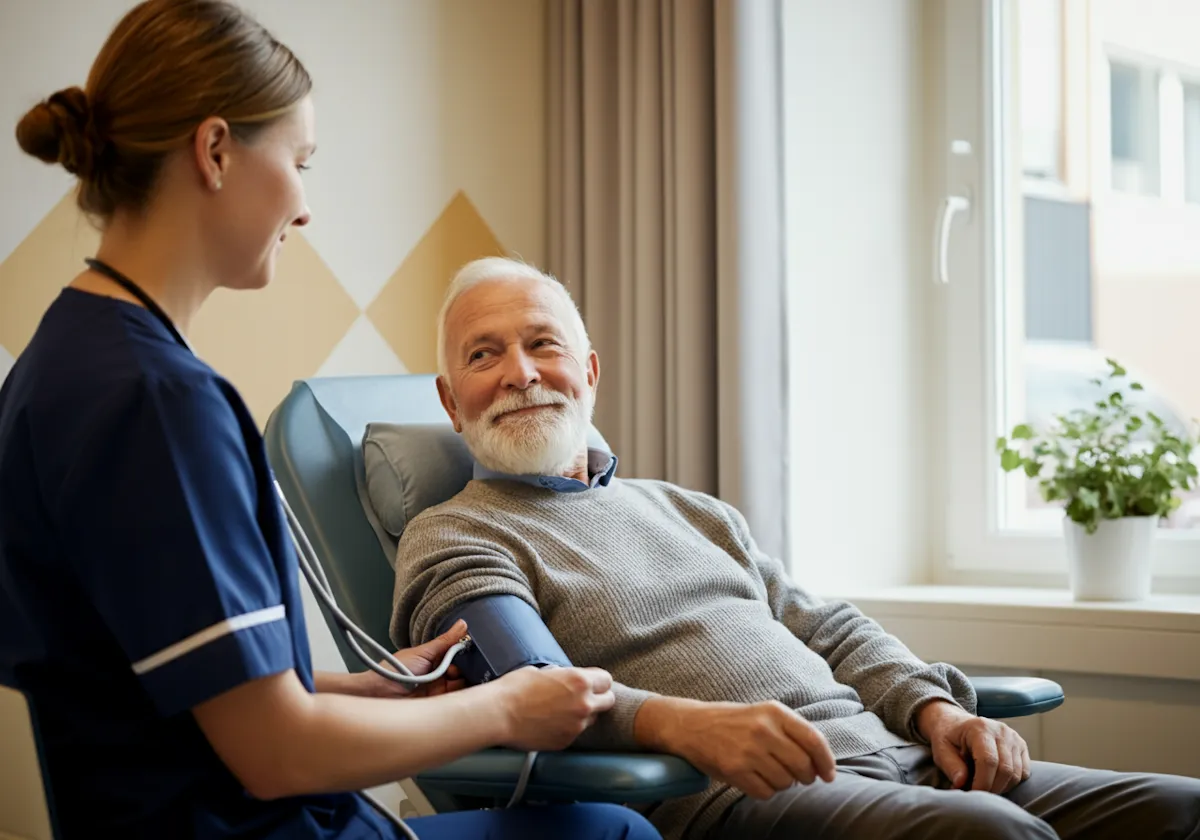 Nurse measuring blood pressure of elderly man sitting in reclining chair near window.