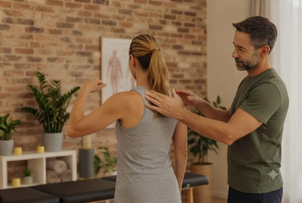 Man in green shirt examines woman’s upper back and shoulder in a wellness or therapy setting.