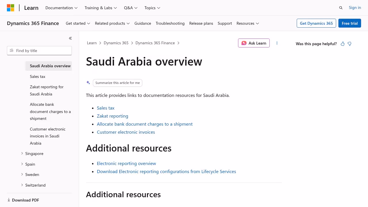 Microsoft Dynamics 365 Finance Saudi Arabia localisation overview showing ZATCA e-invoicing and VAT compliance requirements for partner evaluation