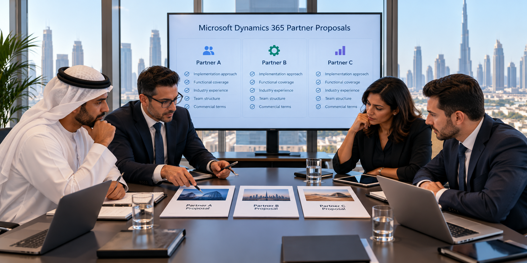 UAE executives comparing three Microsoft Dynamics 365 partner proposals in a Dubai boardroom