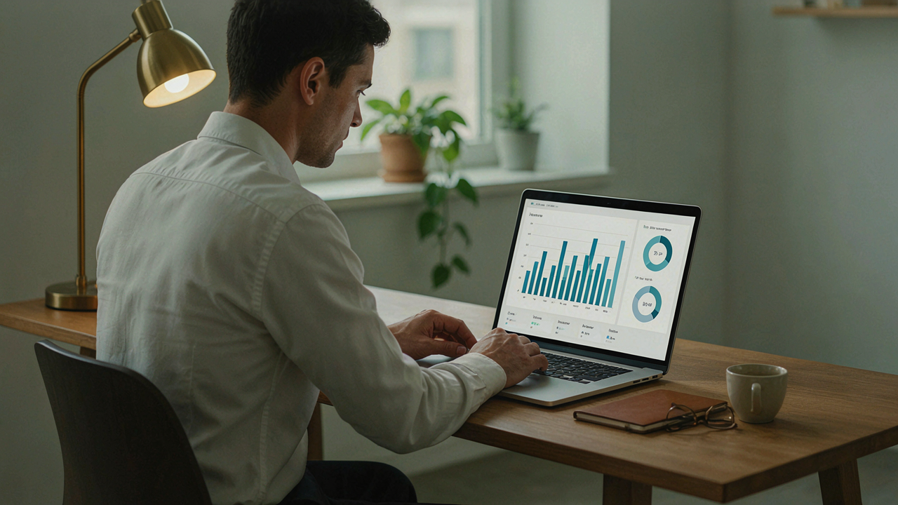 Business professional reviewing ERP financial dashboard on laptop while planning upgrade costs
