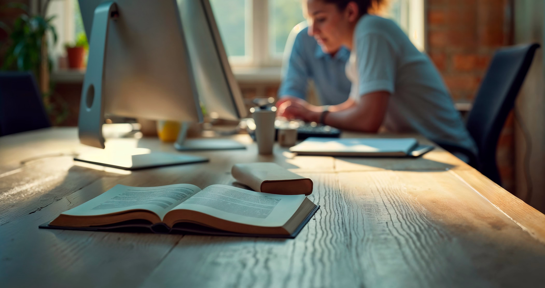 Open book on a wooden desk with a computer monitor and blurred person working in the background in a softly lit office setting.