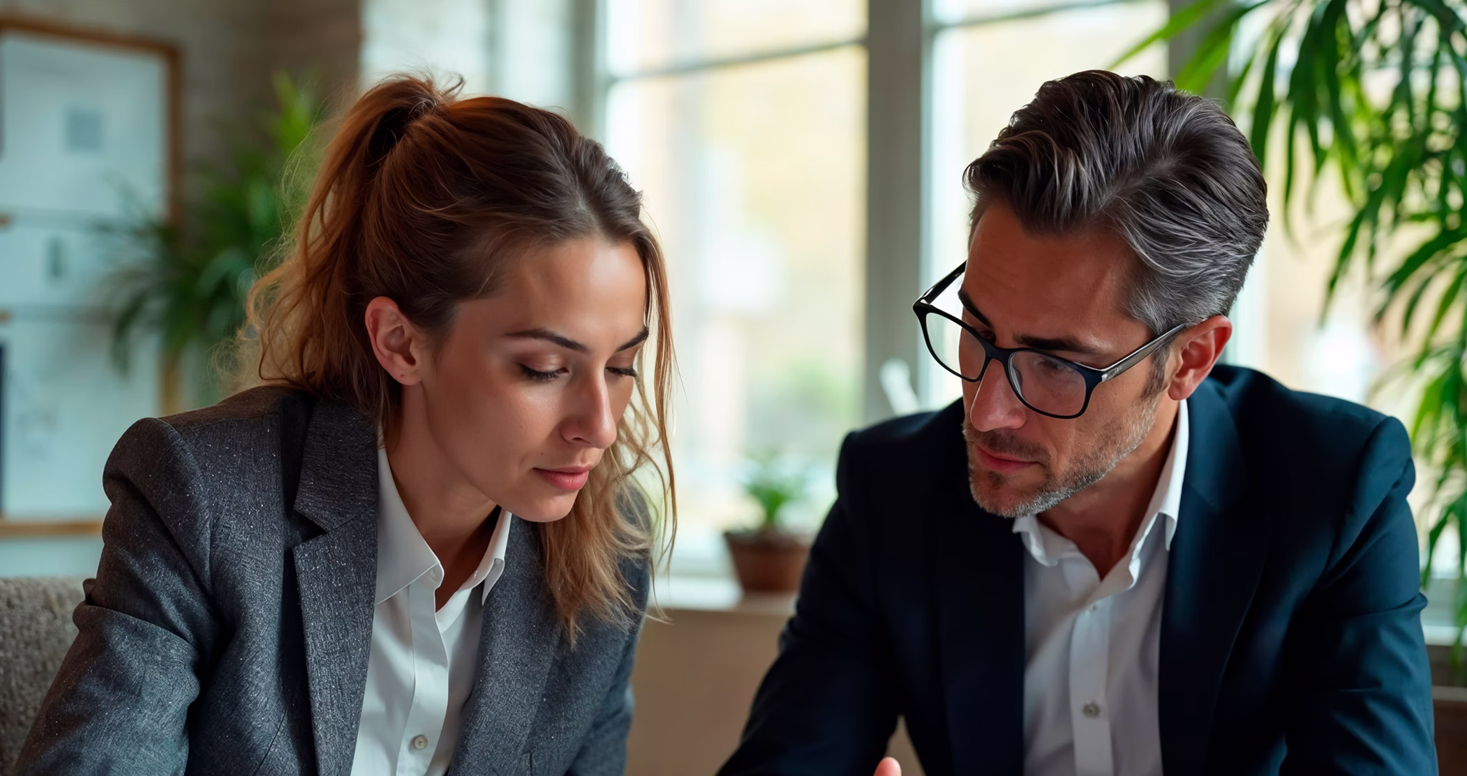 Two business professionals, a woman and a man, engaged in discussion while reviewing documents in a modern office with large windows and plants.