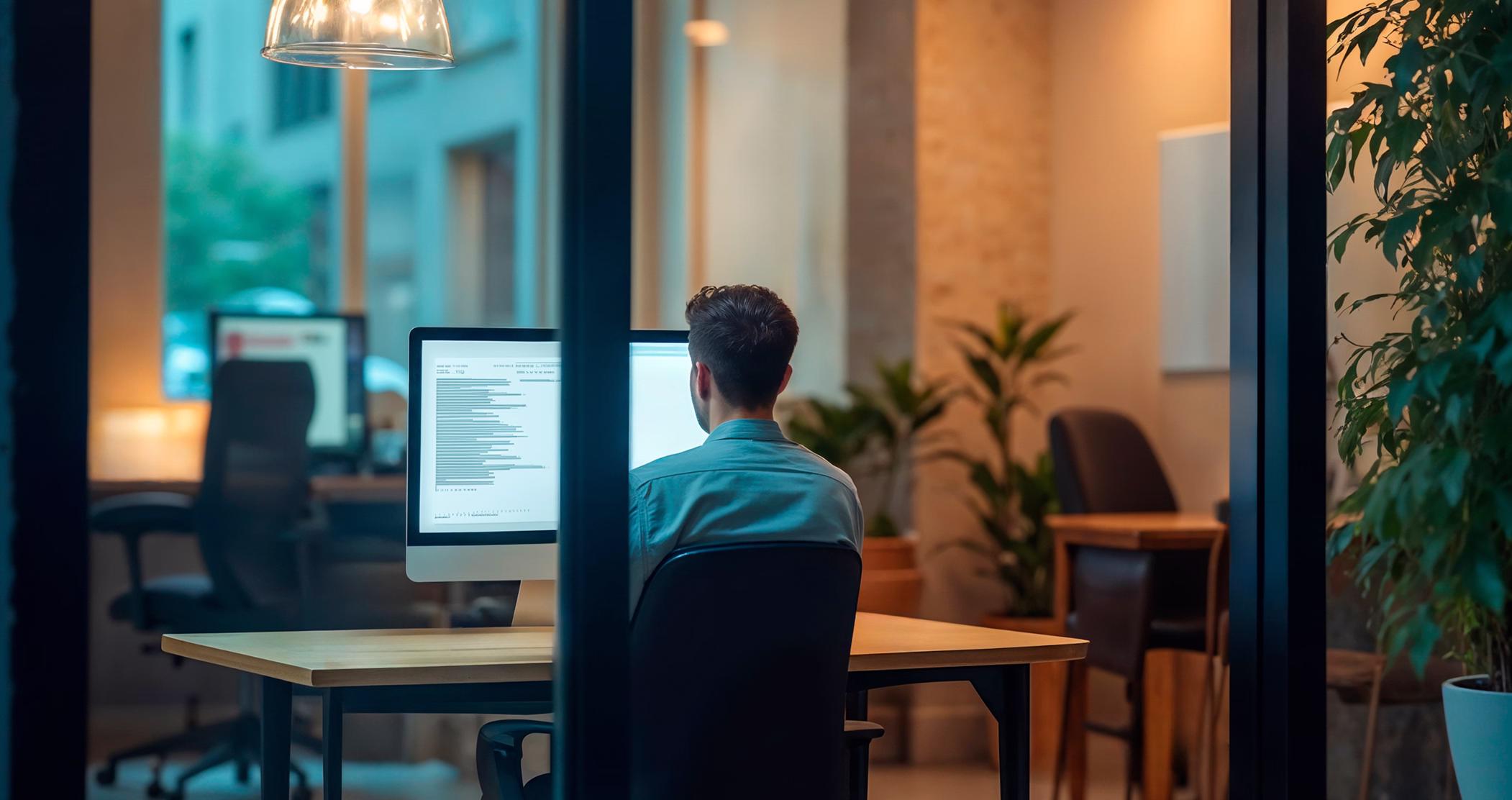 Man wearing a blue shirt sits at a desk in an office, working on a computer with two monitors, seen through a glass wall with plants and chairs in the background.
