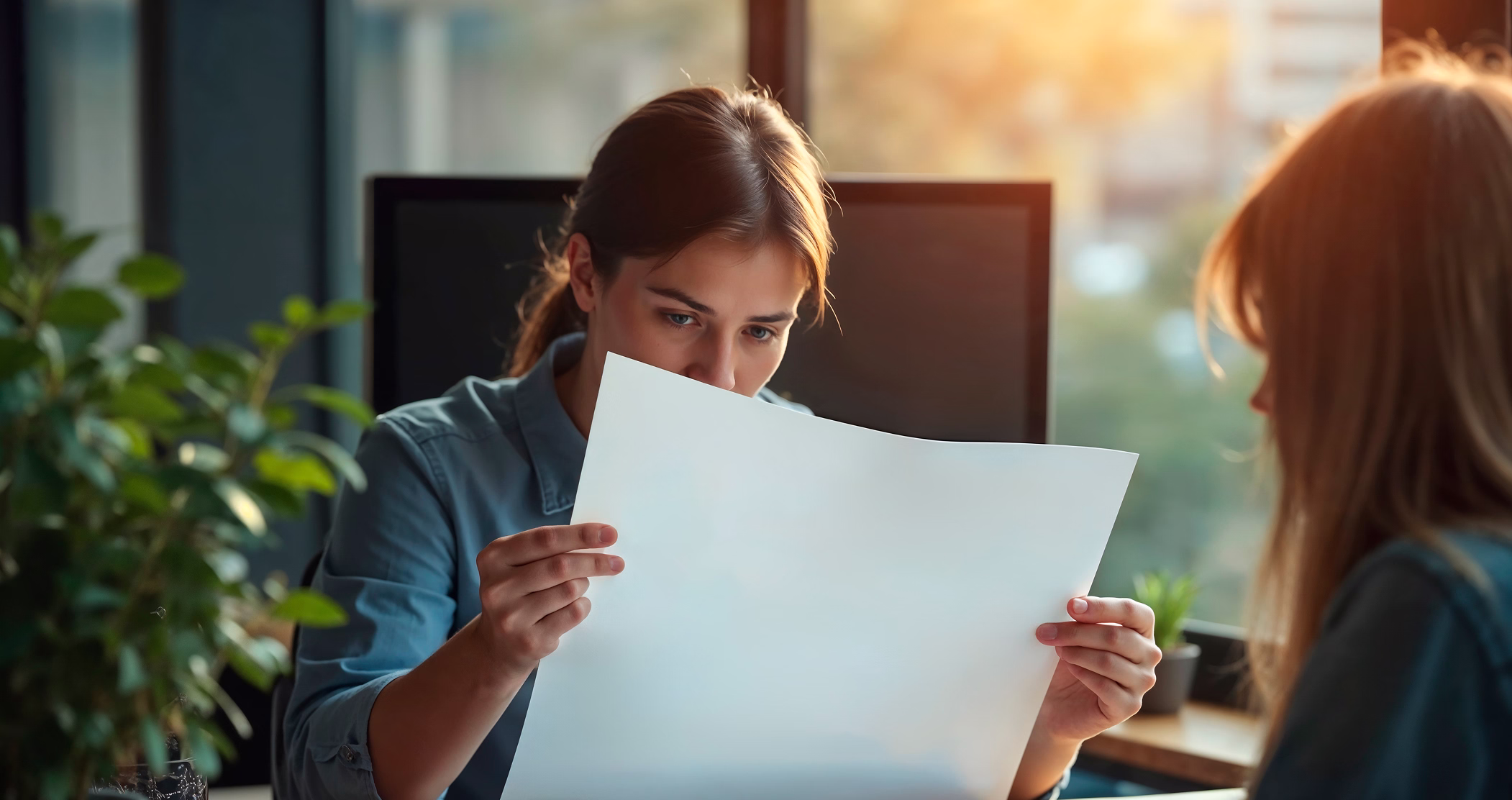 A focused woman in a blue shirt closely examining a large sheet of paper in an office setting with another person sitting across from her, natural light in the background.
