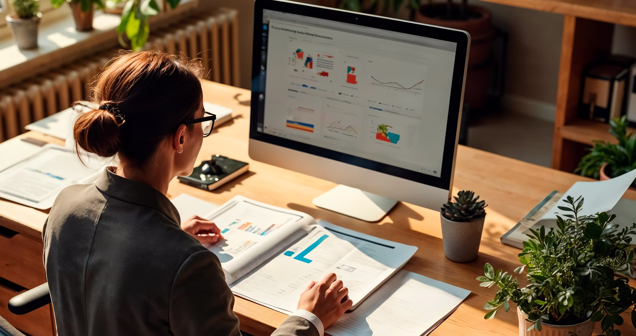 Person wearing glasses sitting at a wooden desk reviewing printed charts and graphs, with a desktop computer displaying data visualizations in the background and potted plants on the desk.