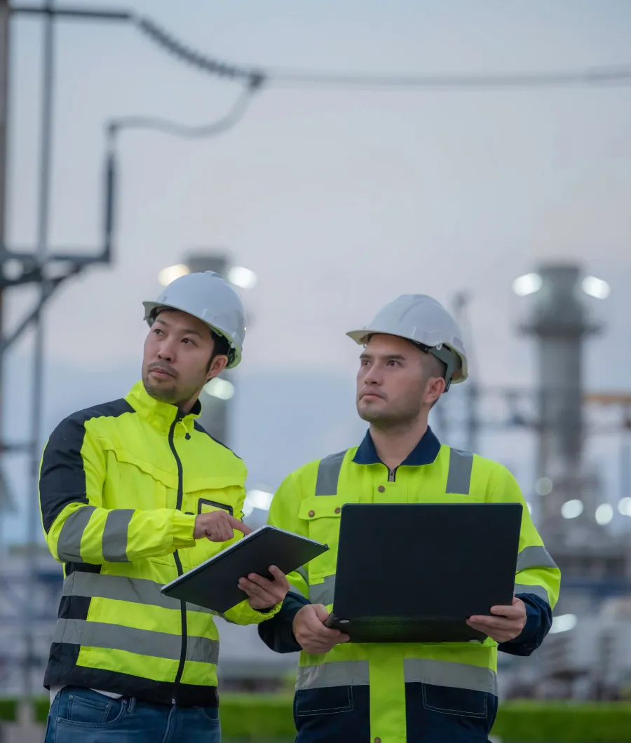 Two industrial workers wearing white safety helmets and yellow reflective jackets examining information on a tablet and a laptop outdoors at a power or utility plant.