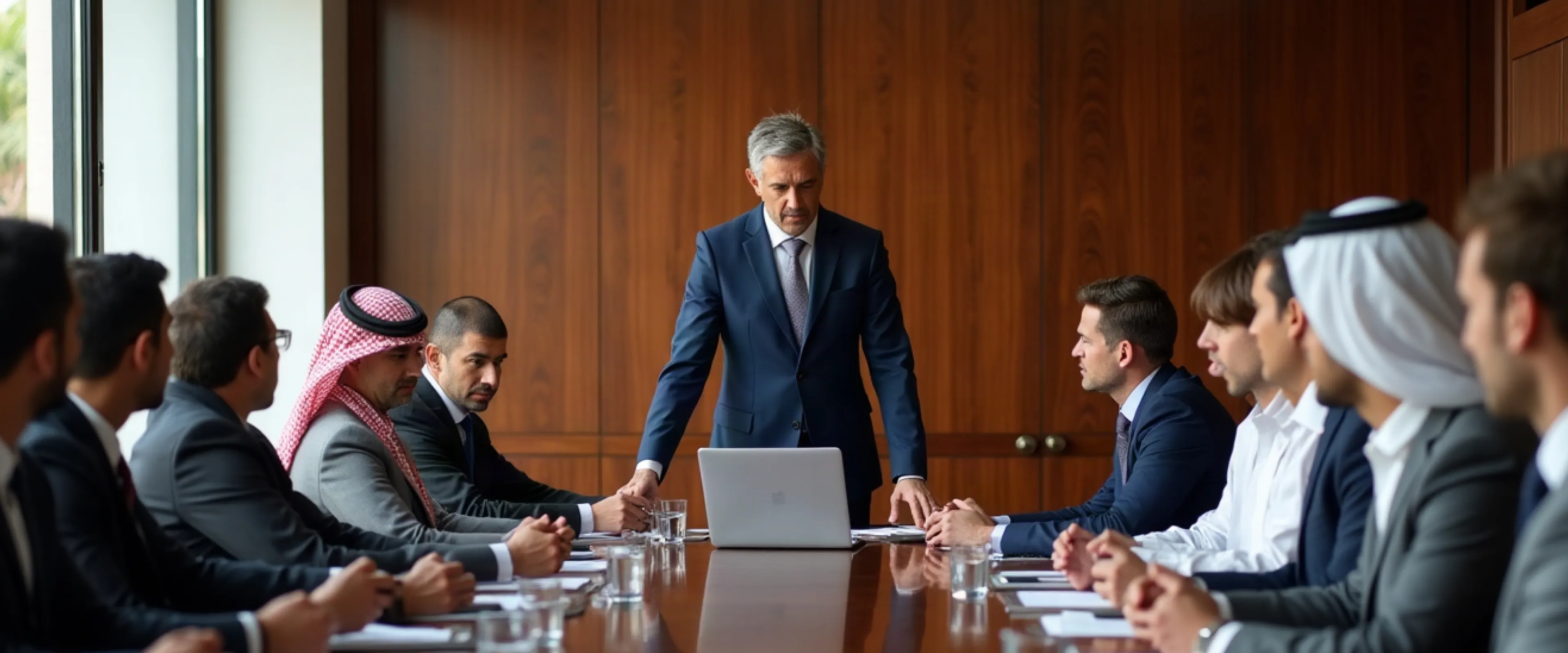A diverse group of business executives in formal attire seated around a conference table with a laptop, listening to a man in a navy suit standing at the center and leading the meeting in a wood-paneled room.