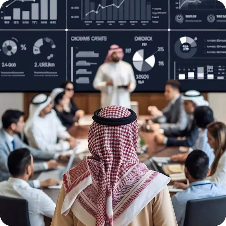 Business meeting with diverse professionals seated around a conference table; a man in traditional Saudi attire stands with back to camera facing a large screen displaying charts and graphs.