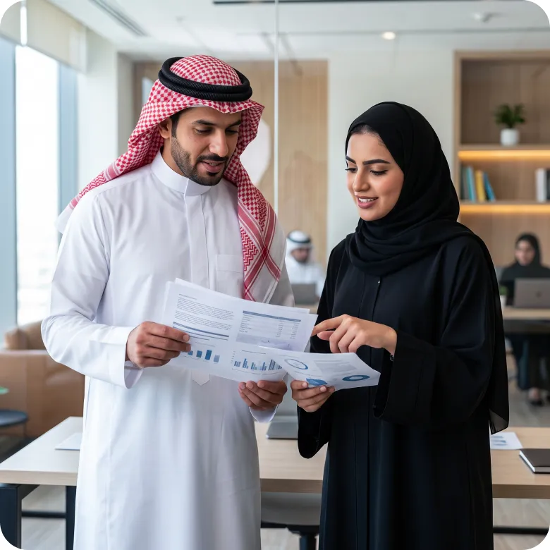A man and a woman in traditional Middle Eastern attire reviewing printed charts and documents together in a modern office setting with coworkers working in the background.