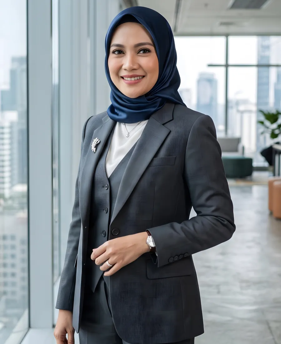 Smiling woman wearing a navy blue hijab and dark gray business suit standing by a window in a modern office with a city view.