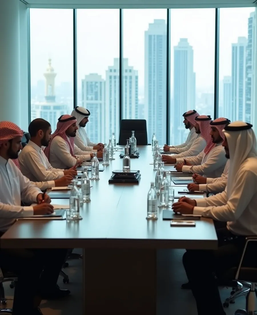 A group of men dressed in traditional Middle Eastern attire seated on both sides of a long conference table in a modern high-rise office room with a city skyline visible through large windows behind them.