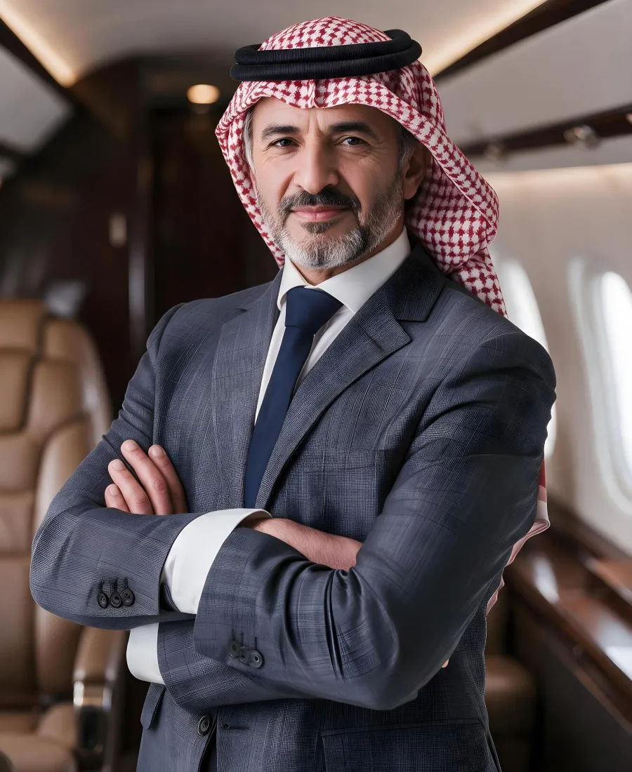 Middle-aged man with salt and pepper beard wearing a red and white checkered keffiyeh and a dark gray plaid suit with a white shirt and navy tie, standing confidently with arms crossed inside a private jet.