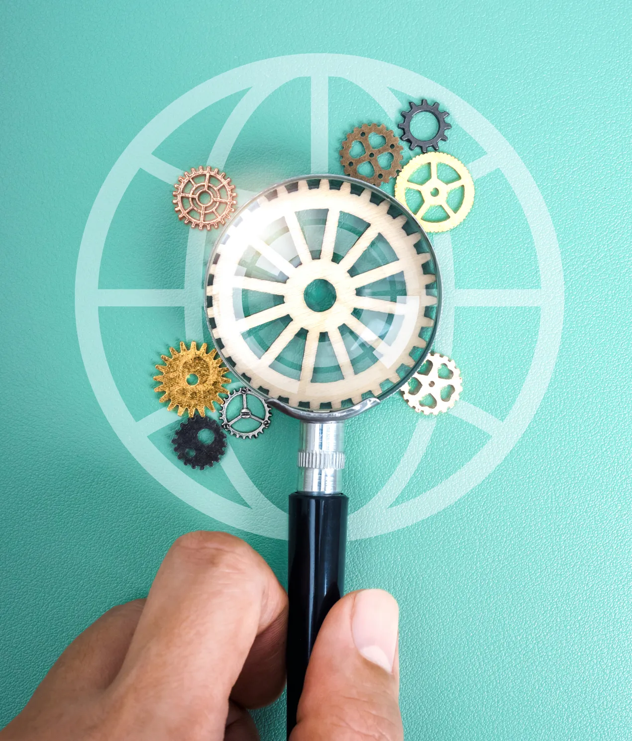 Close-up of a hand holding a magnifying glass focused on a wooden gear, surrounded by various small metal gears on a turquoise background with a faint globe icon.