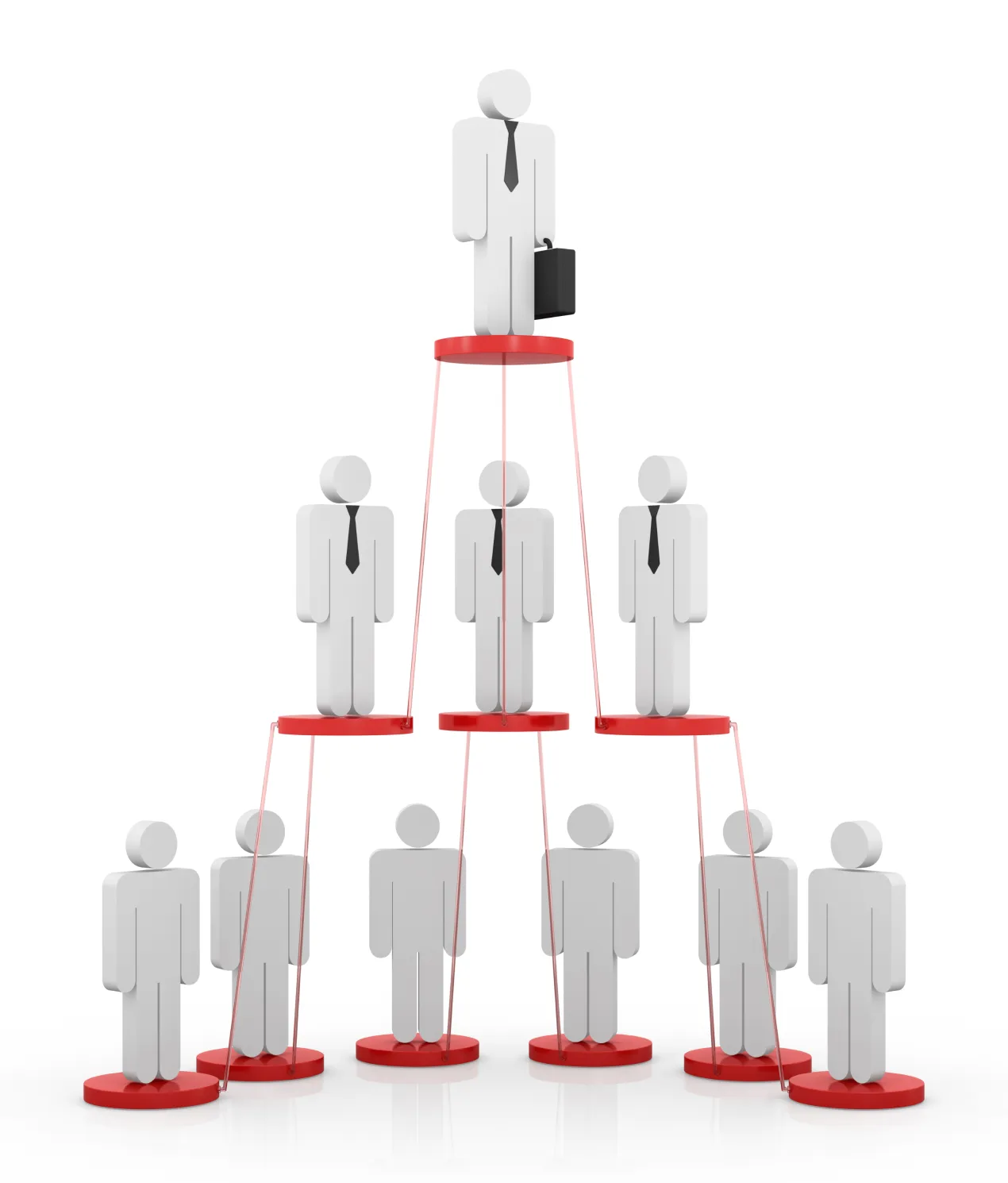 Hierarchical organizational chart with white 3D human figures on red platforms connected by thin red lines, showing one figure with a briefcase at the top level, three figures on the next level, and five figures on the bottom level.