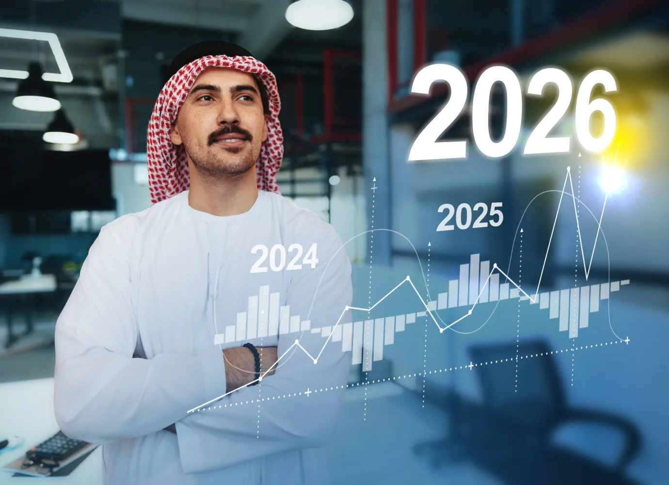 A man in traditional Middle Eastern attire stands with folded arms looking thoughtfully at a transparent screen displaying a futuristic financial graph and years 2024, 2025, and 2026.