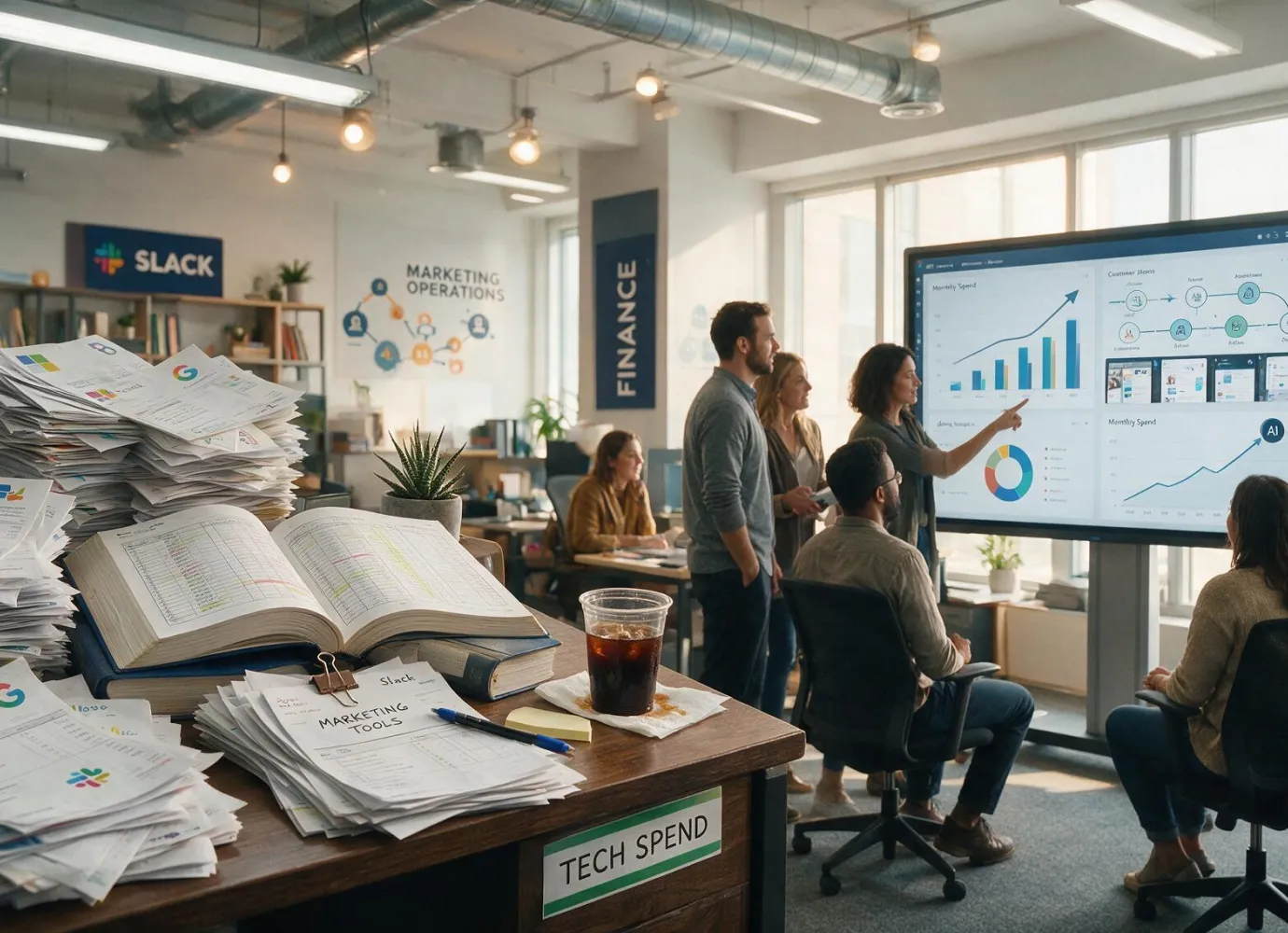 A modern office scene with a group of five people focused on a large digital screen displaying charts and graphs about monthly spend and customer actions, while a desk in the foreground cluttered with stacks of paperwork labeled 'Marketing Tools' and 'Tech Spend' shows a contrast between traditional and digital marketing analytics and finance operations.