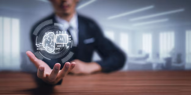 A person in a suit extends their hand forward with a digital hologram of a brain connected to an AI chip floating above their palm, symbolizing artificial intelligence technology.
