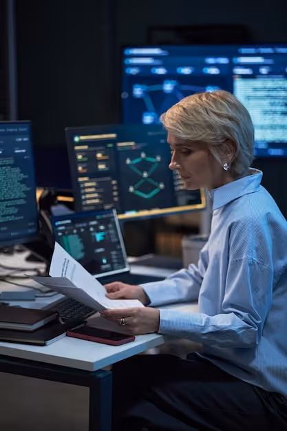 Middle-aged woman with short blonde hair sitting at a desk, reviewing printed documents with multiple monitors displaying data and charts in the background.