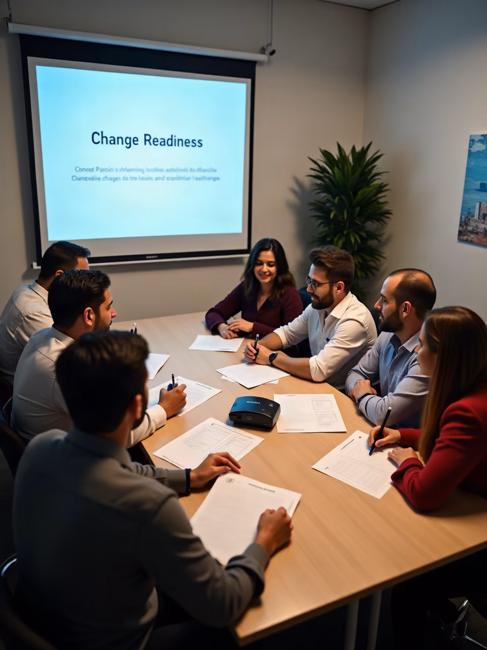 Six people sitting around a conference table during a meeting with a projection screen showing the title 'Change Readiness' and a short description about change readiness. They have papers and pens, and one person is smiling while engaged in discussion.