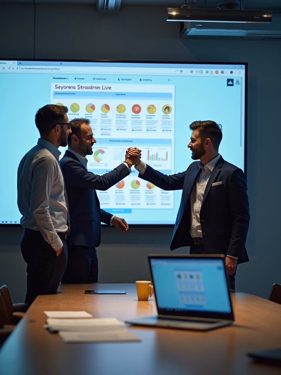 Three businessmen in formal attire in a conference room, two of them smiling and shaking hands in front of a large screen displaying colorful charts and graphs, with a laptop and papers on the table.