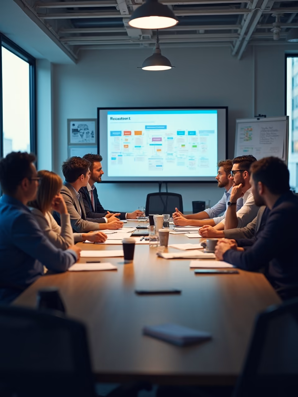 Business meeting with seven people seated at a long conference table, facing each other, with documents and coffee cups on the table, and a projector screen displaying a colorful presentation in the background.