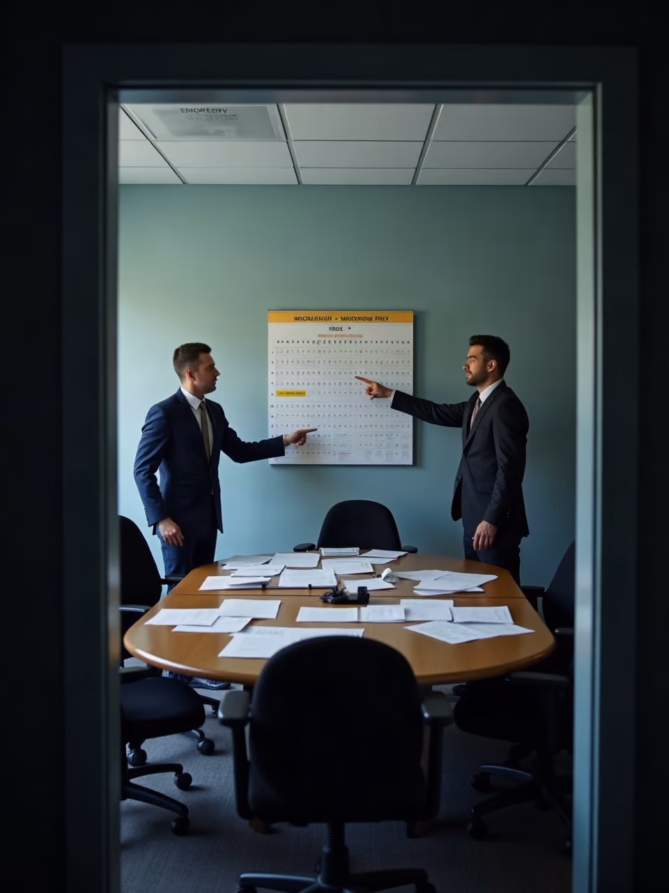 Two men in suits standing and pointing at an eye chart on the wall in a dimly lit meeting room with a table covered in scattered papers and empty chairs.