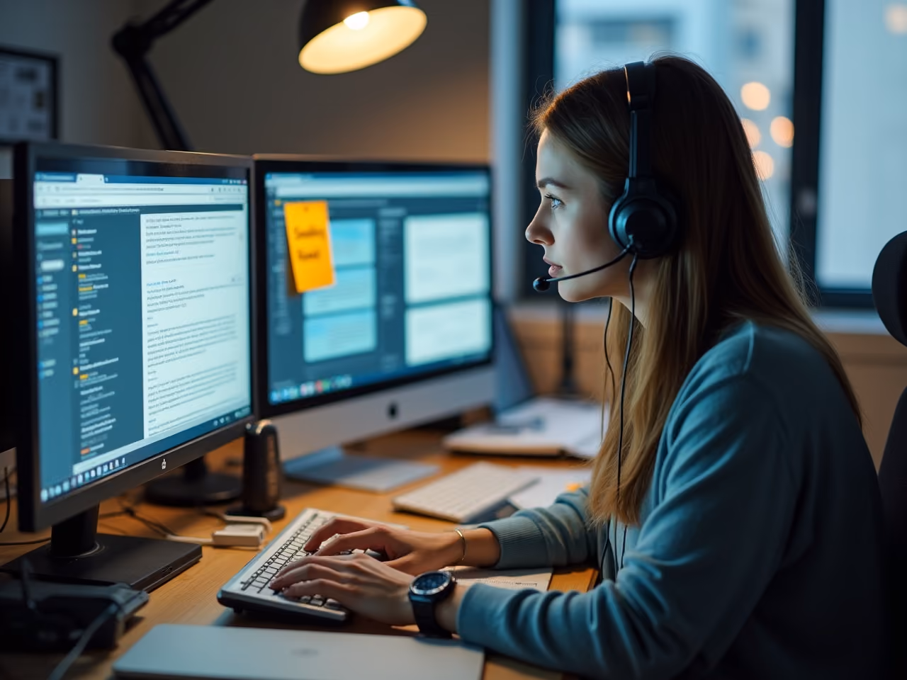 Young woman wearing a headset and typing on a keyboard, working at a desk with two computer monitors displaying text and software interfaces, illuminated by a desk lamp.