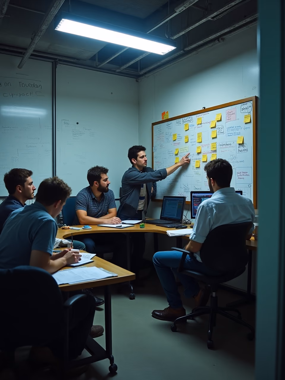 Five men in a dimly lit meeting room, one standing and pointing to a whiteboard covered with sticky notes and writing, while others sit around tables with laptops and notebooks, engaged in discussion.