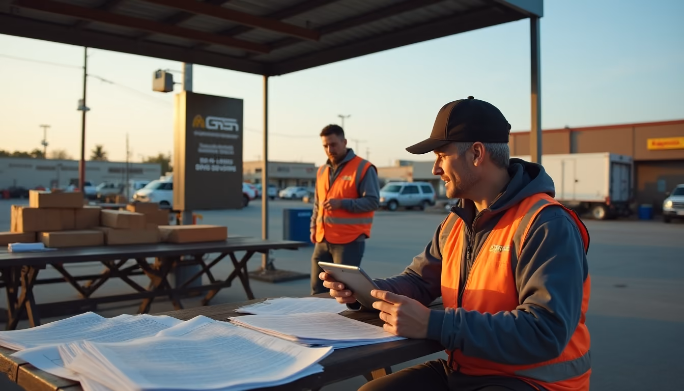 Two men wearing orange safety vests work outdoors near a table covered with stacks of papers; one man sits using a tablet while the other stands in the background.