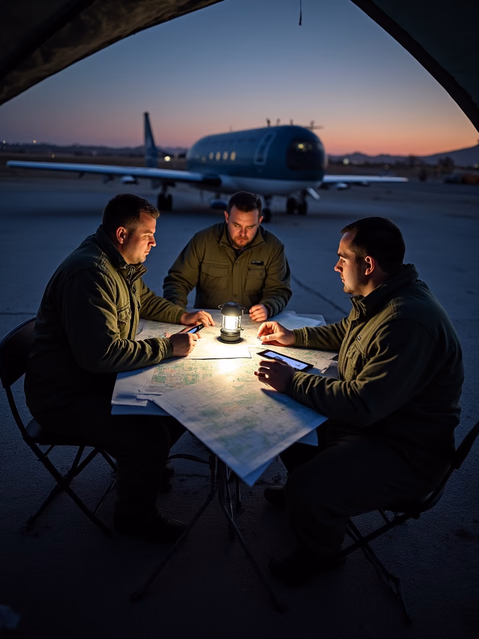 Three men in military-style jackets sitting around a table outdoors at dusk, examining maps illuminated by a central lantern, with an airplane parked on a runway in the background.