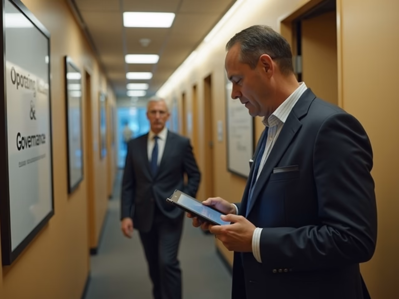 Two men in suits in a hallway of an office building, one focused on a tablet in his hands, the other walking in the background.