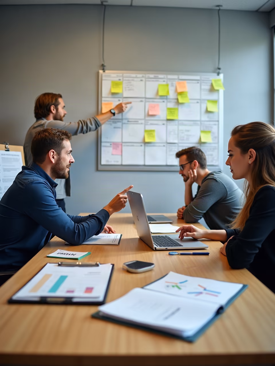 Four colleagues in a modern office discussing project plans with papers, laptops, and a board with sticky notes on the wall.