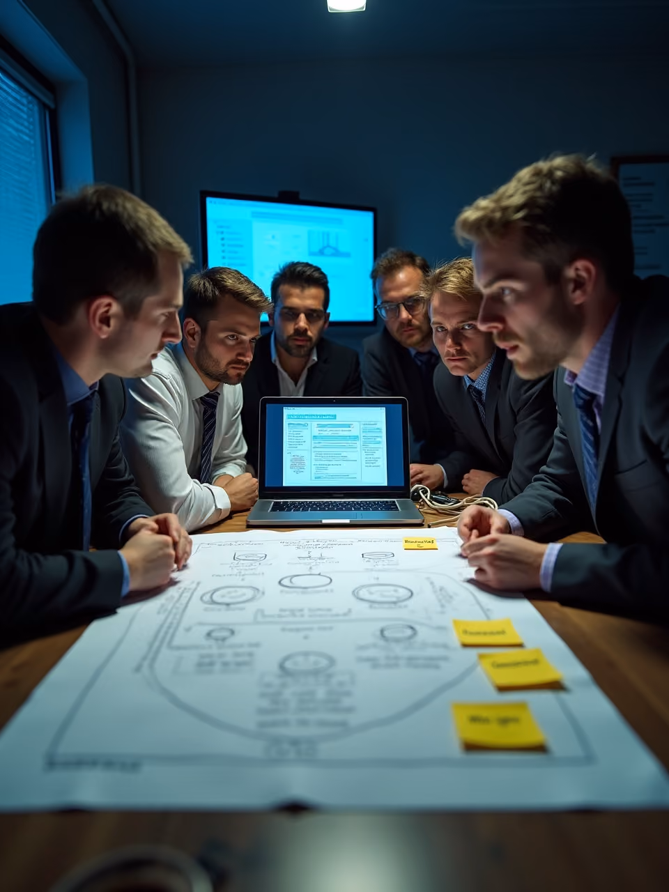 Six men in business attire sit around a conference table, focusing intently on a laptop and a large document with diagrams and sticky notes on the table in a dimly lit room.