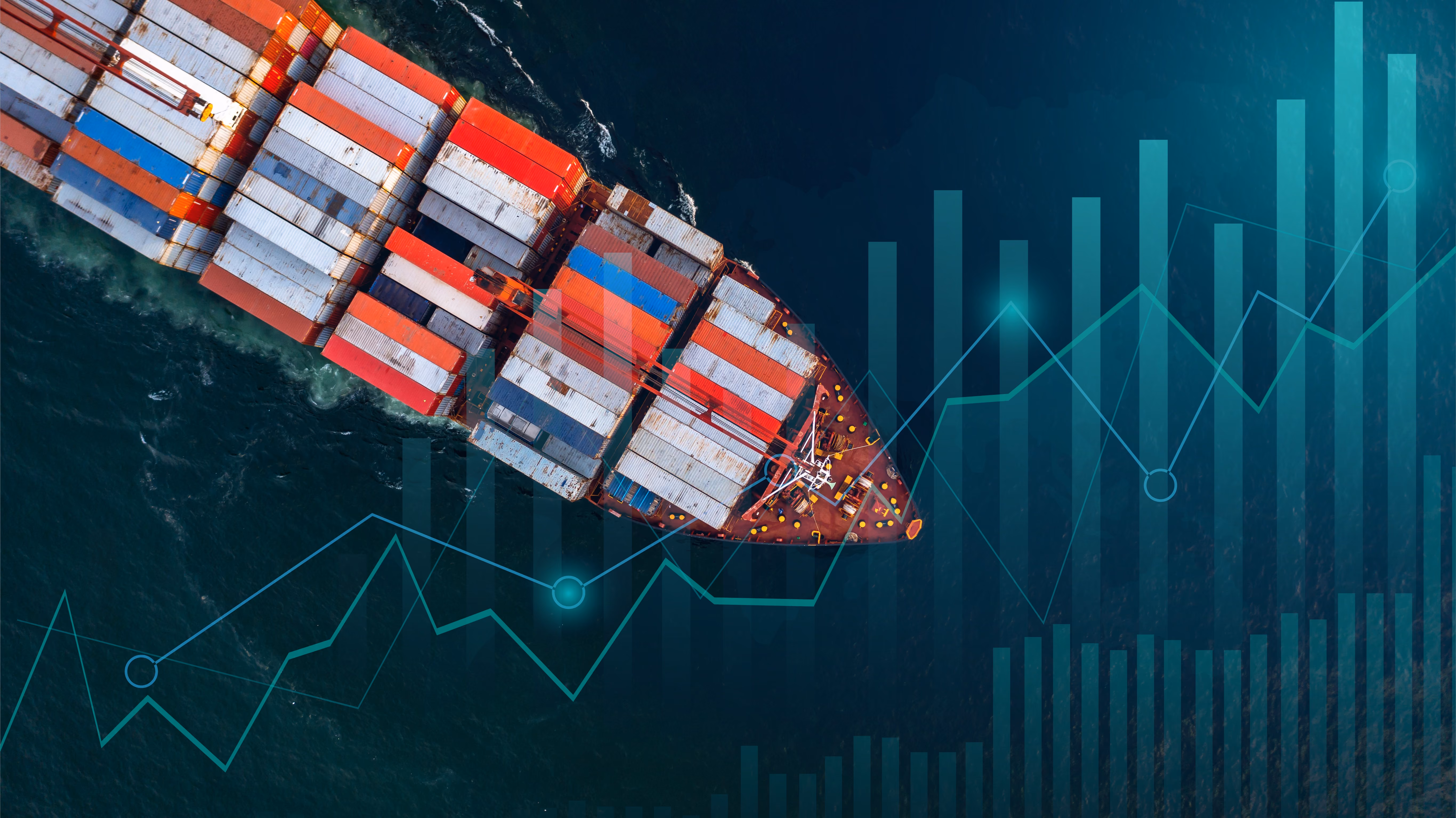 Aerial view of a container ship on the water with overlaid translucent bar and line graphs symbolizing shipping industry data or trade analytics.