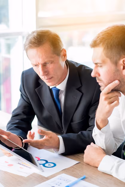 Two businessmen in a meeting, one in a black suit explaining charts on a tablet to the other, who listens thoughtfully with a hand on his chin, seated at a table with printed graphs.