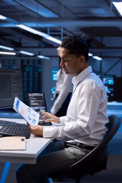 Man in a white shirt sitting at a desk in a server room, looking at printed charts while using a laptop and computer monitor.