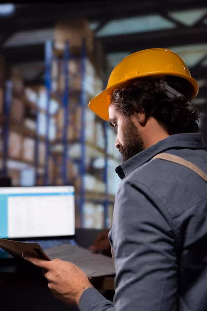 Man wearing a yellow hard hat and gray shirt studies documents in a warehouse with shelves stacked with boxes, with a laptop open in front of him.