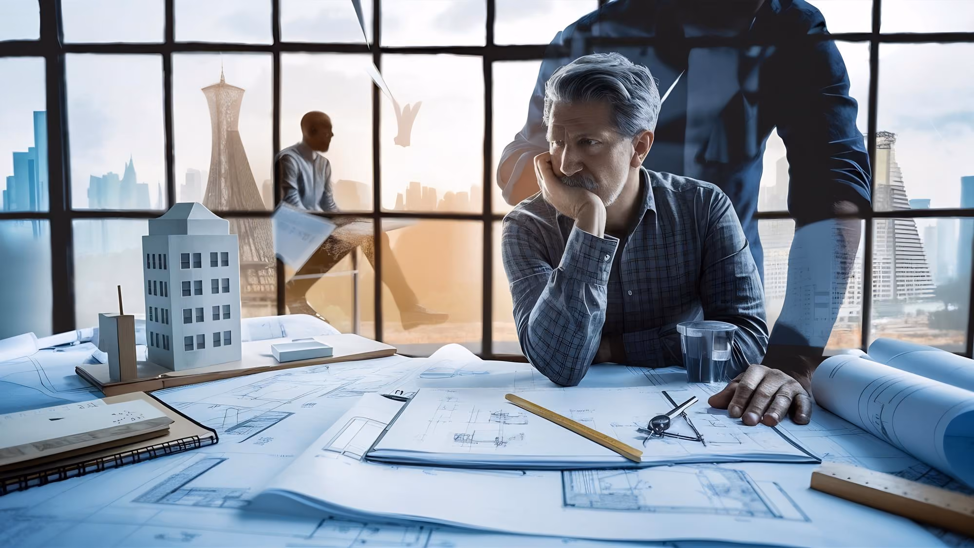 An architect with gray hair and a plaid shirt sits at a desk covered with blueprints, a scale model, and drafting tools, resting his chin on his hand with a thoughtful expression while a shadowy figure looms behind him, and a cityscape is visible through large windows in the background.