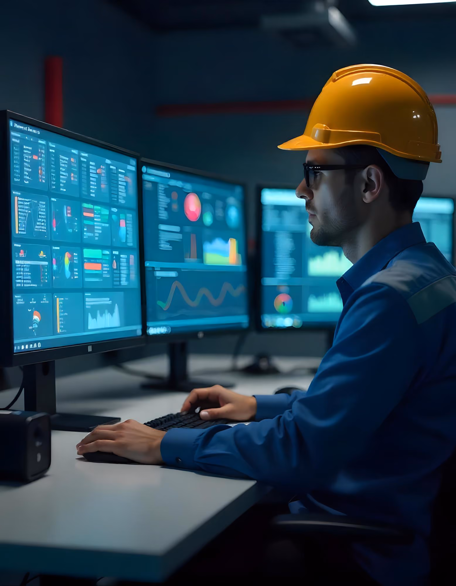 Man wearing a yellow hard hat and glasses working on a computer with multiple monitors displaying data analytics and charts in a dark room.