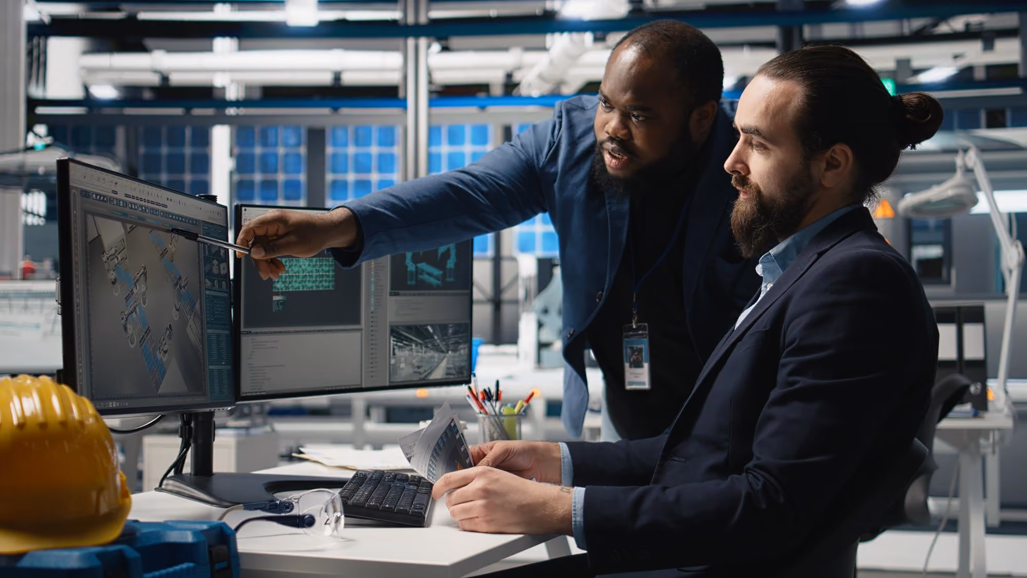 Two men in an industrial office reviewing technical diagrams on a computer screen, with one pointing at the monitor and the other holding papers, a yellow safety helmet visible on the desk.