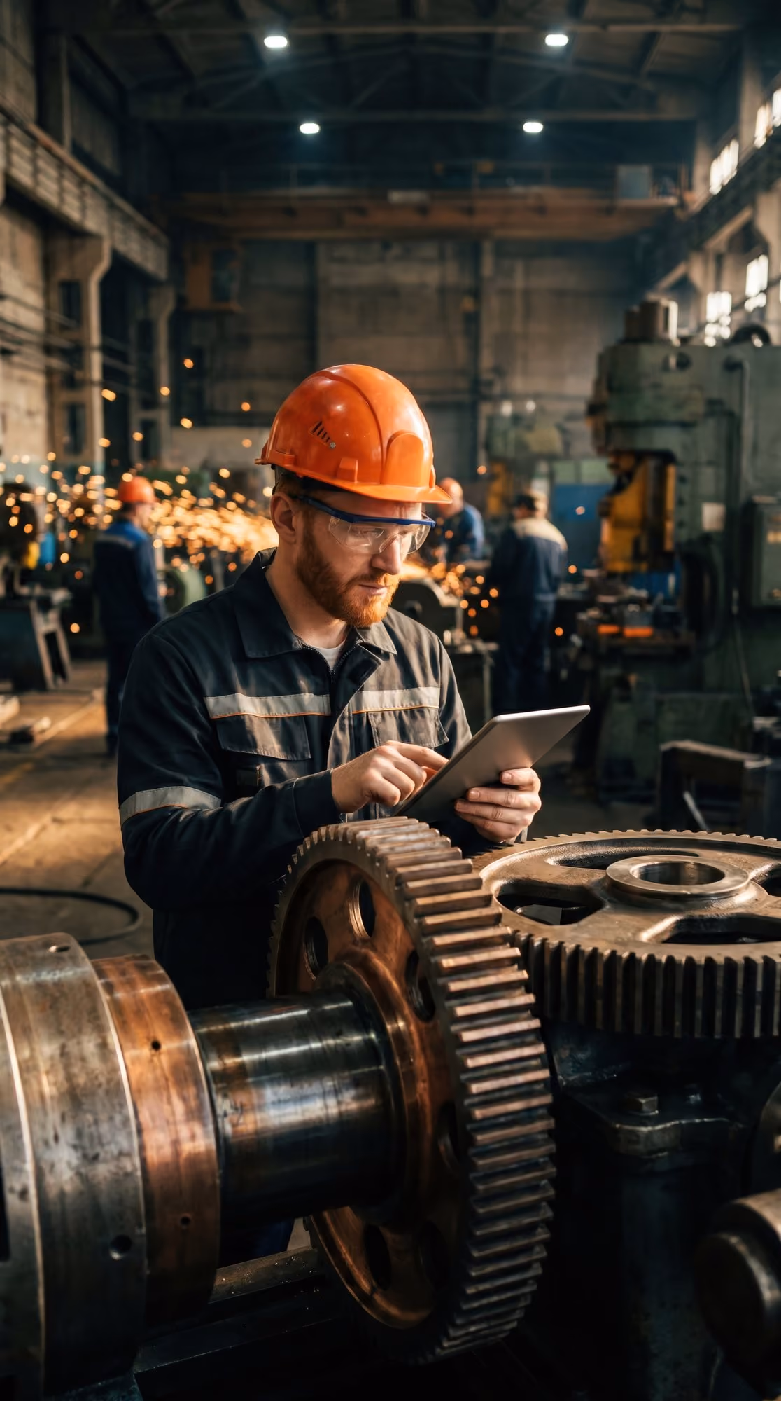 A factory worker wearing an orange safety helmet and clear protective glasses uses a tablet while standing next to large industrial gears inside a workshop with machinery and sparks flying in the background.