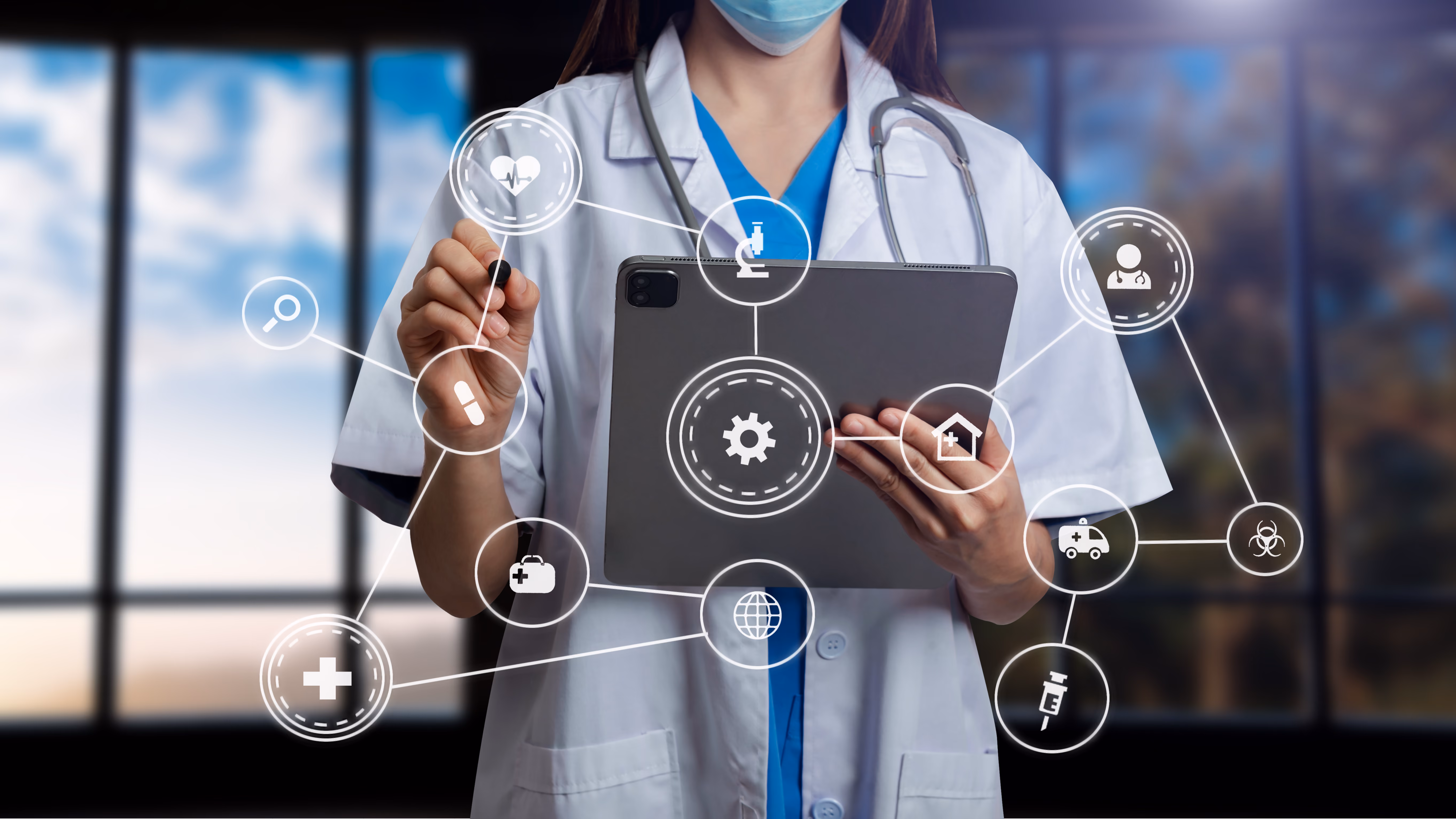 Healthcare professional wearing a mask and white coat, holding a tablet with interconnected digital medical icons, representing health technology and medical services.