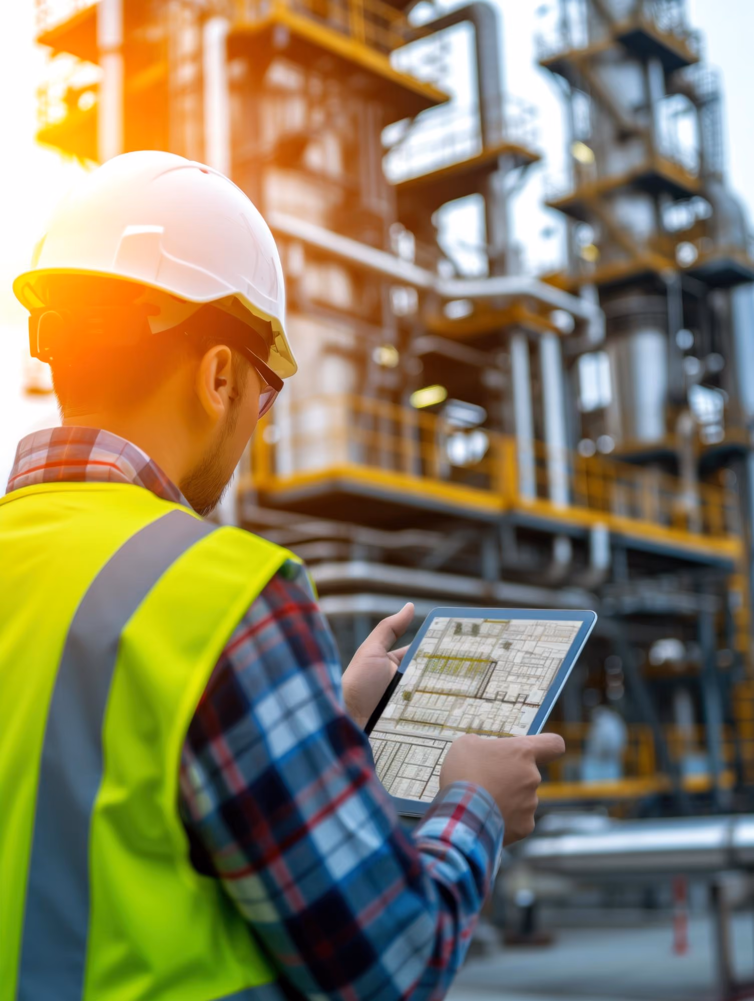Engineer wearing a white safety helmet and high-visibility vest holding a tablet with technical diagrams in an industrial plant with metal structures and pipes in the background during sunset.